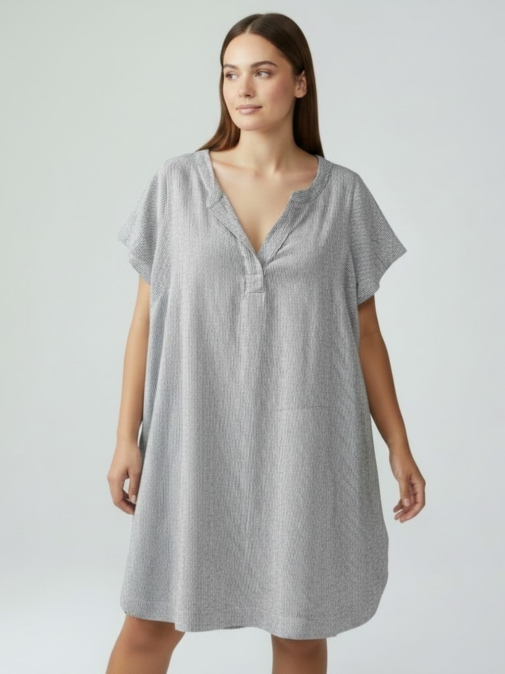 Tahari Linen Tunic Shift Dress 1X Short Sleeve Collar Black Striped Beach Resort